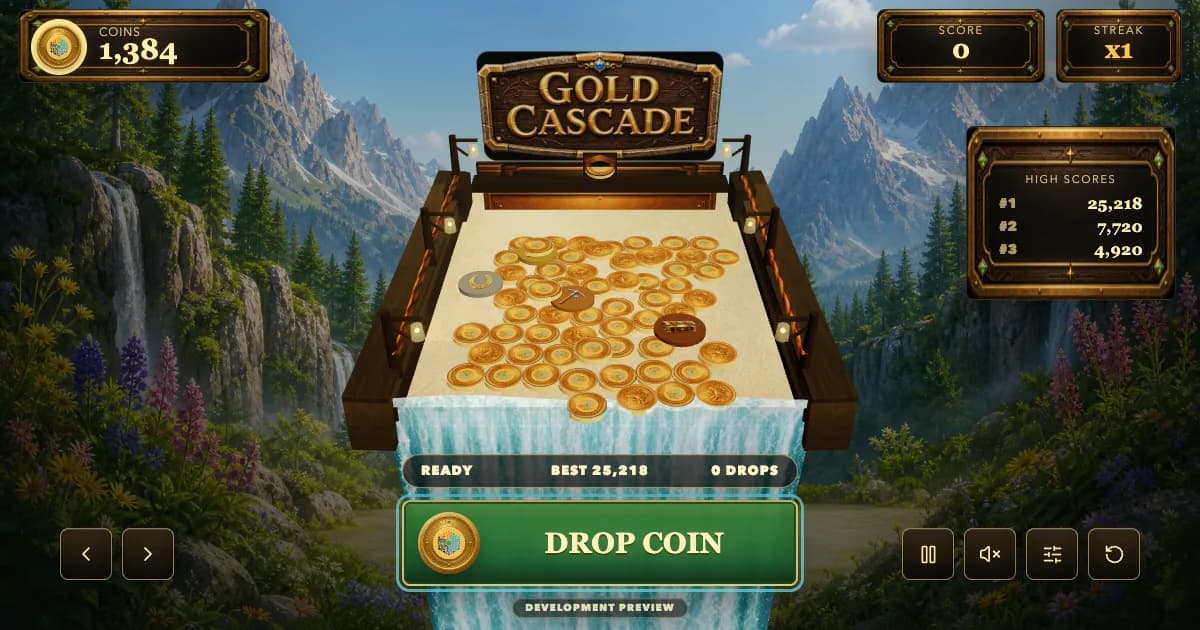 Gold Cascade live 3D coin dozer game on an alpine waterfall ledge