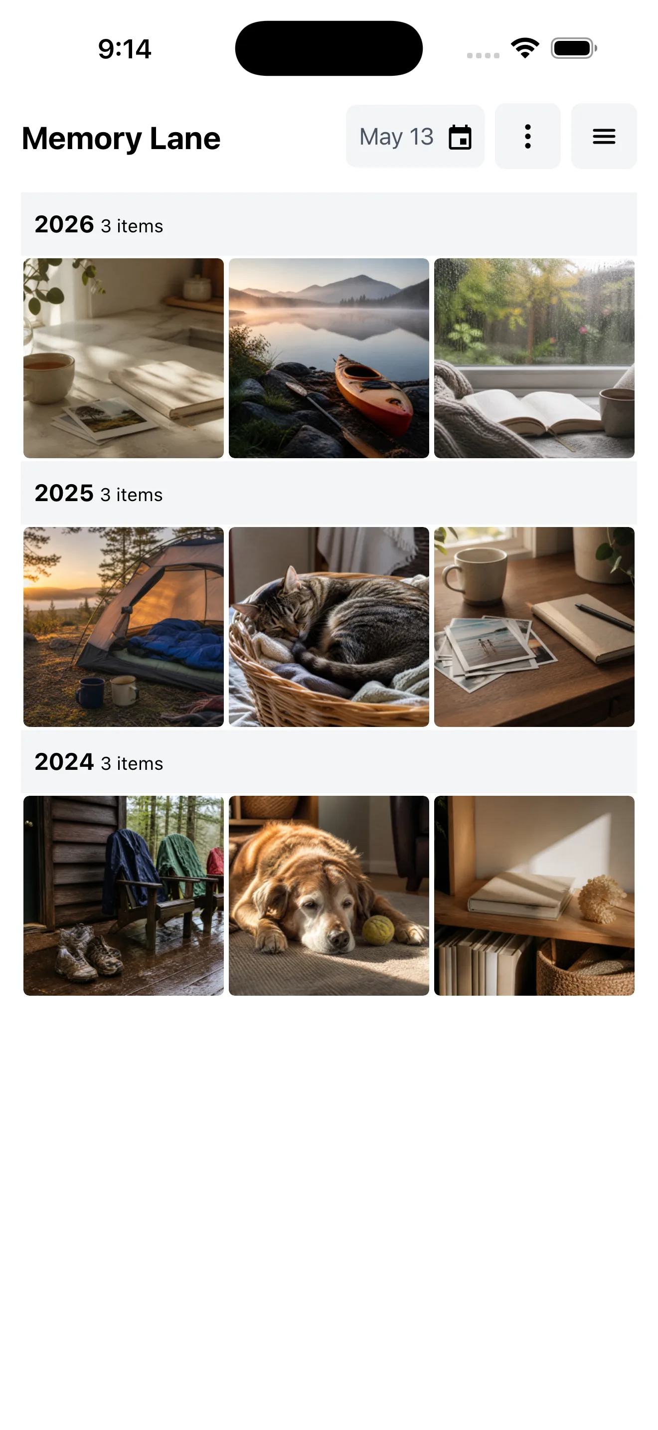 Memory Lane app displaying daily photo memories from past years, including travel, family, and joyful life moments.