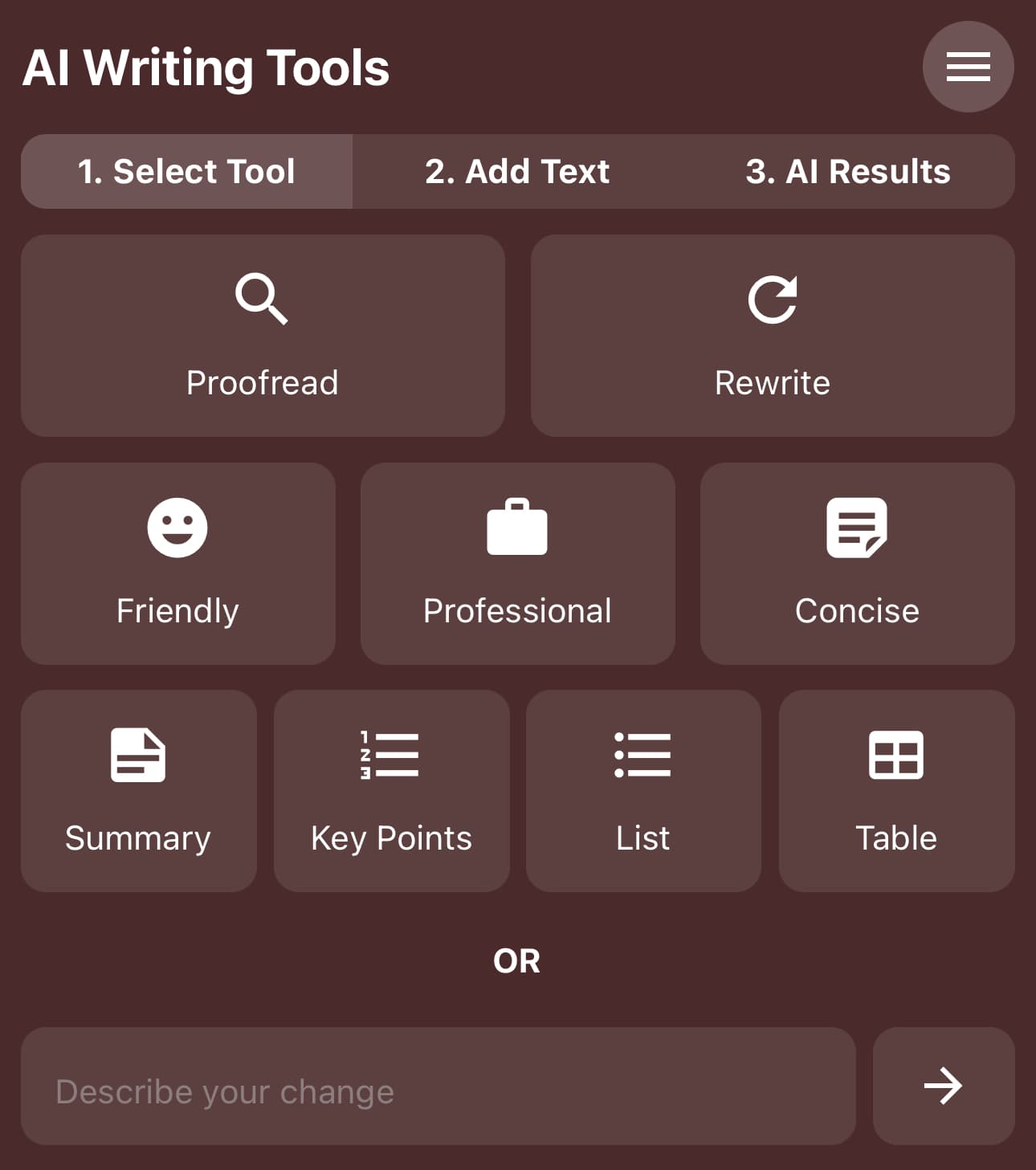 Example screen from AI Writing Tools showing instant proofreading and rewriting features for better writing.
