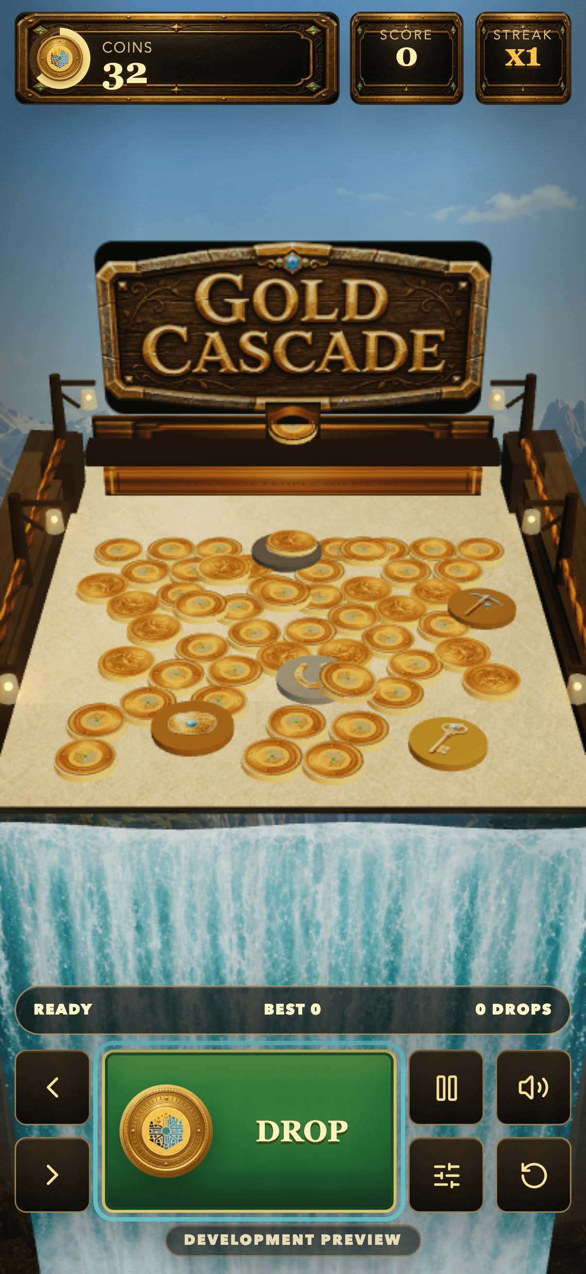 Gold Cascade mobile gameplay with toy coins, waterfall controls, and the drop button.