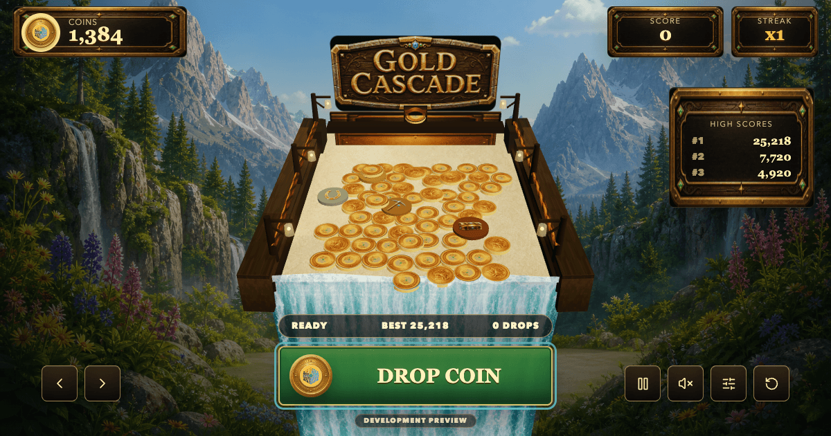 Gold Cascade live 3D coin dozer game on an alpine waterfall ledge