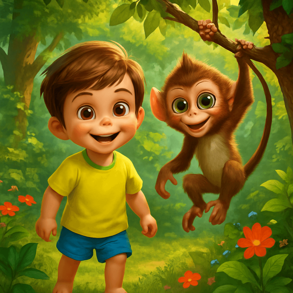 A smiling child and a playful monkey in a bright forest, sample illustration from a KidsAIStory story adventure.