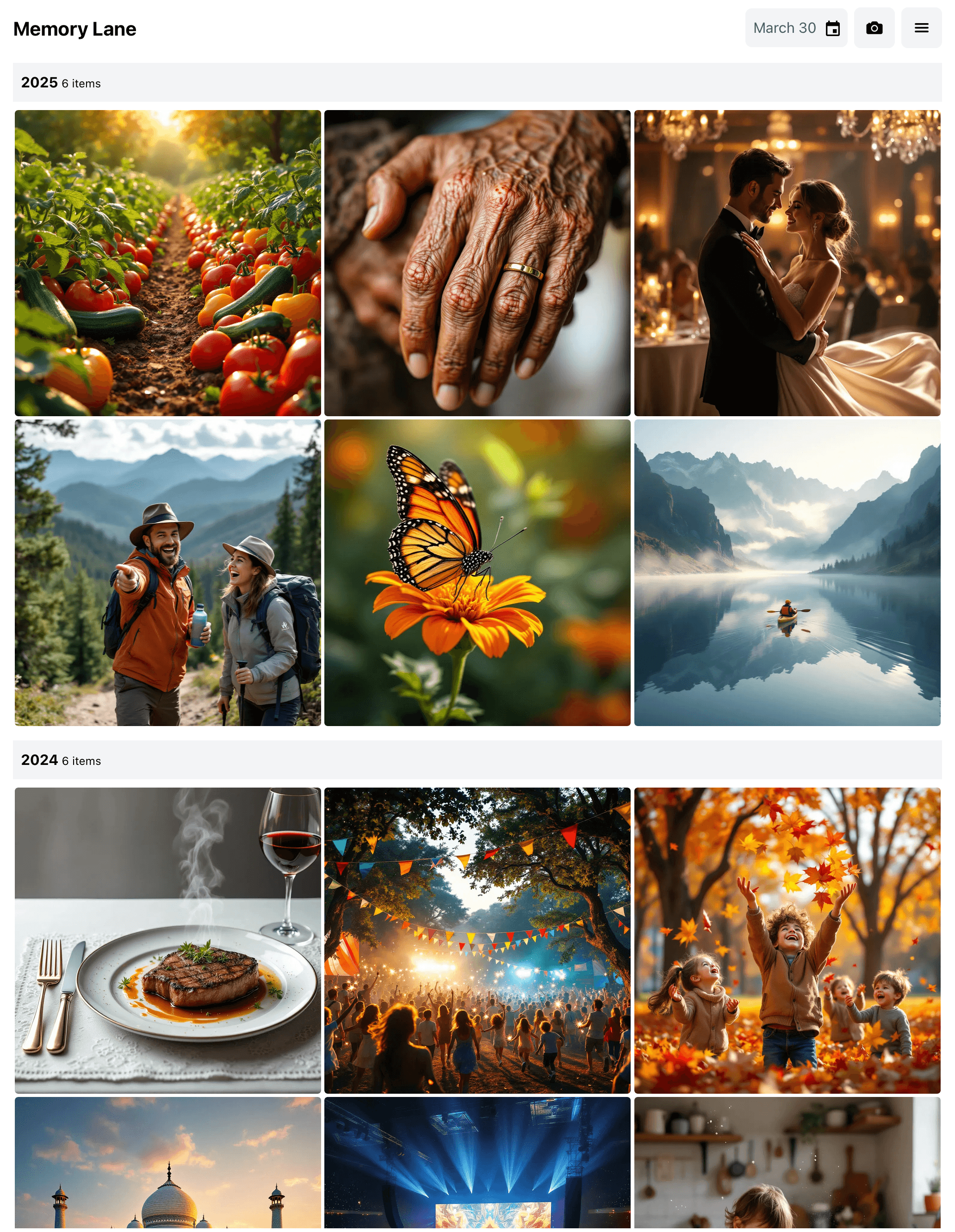 Memory Lane app displaying daily photo memories from past years, including travel, family, and joyful life moments.